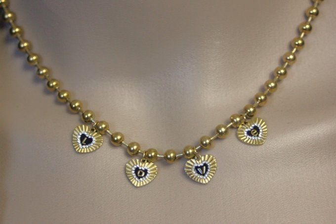 Collier en acier inoxydable chaine boules et breloques coeurs LOVE