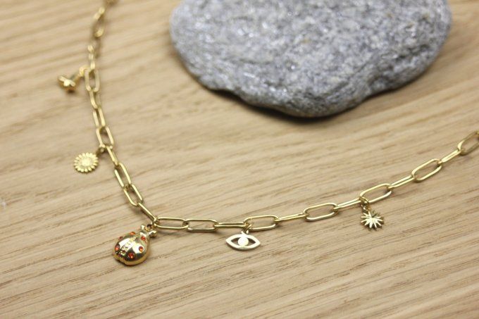 Collier en acier inoxydable doré gros maillons et breloques coccinelle