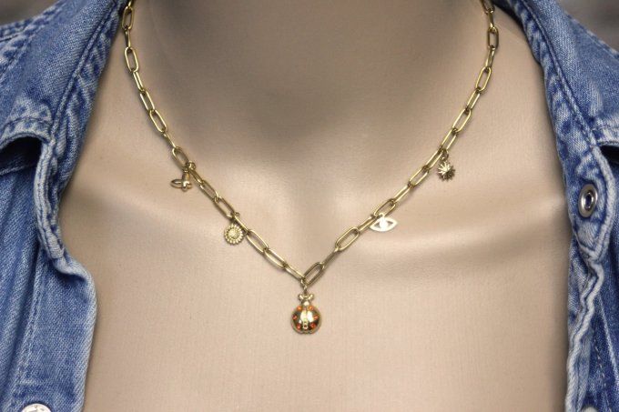Collier en acier inoxydable doré gros maillons et breloques coccinelle