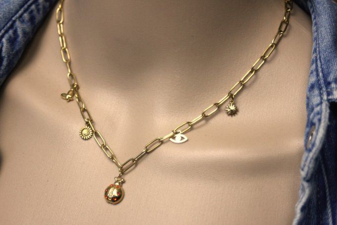 Collier en acier inoxydable doré gros maillons et breloques coccinelle