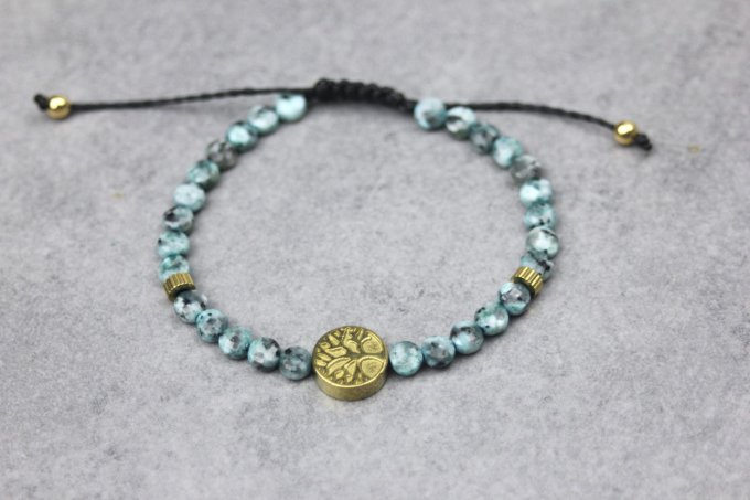 Bracelet jaspe dalmatien turquoise et arbre de vie hématite dorée
