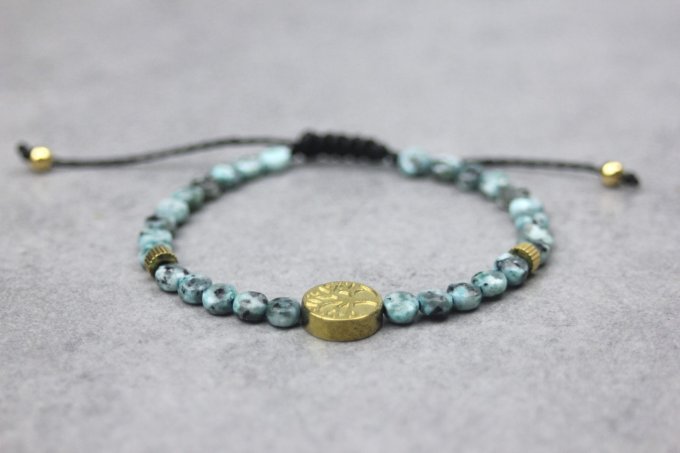 Bracelet jaspe dalmatien turquoise et arbre de vie hématite dorée