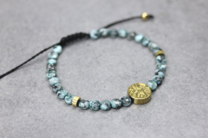 Bracelet jaspe dalmatien turquoise et arbre de vie hématite dorée