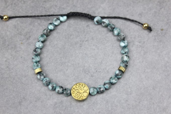 Bracelet jaspe dalmatien turquoise et arbre de vie hématite dorée