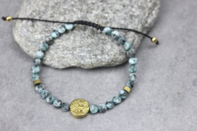 Bracelet jaspe dalmatien turquoise et arbre de vie hématite dorée