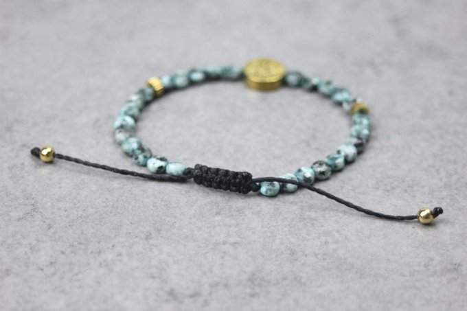 Bracelet jaspe dalmatien turquoise et arbre de vie hématite dorée