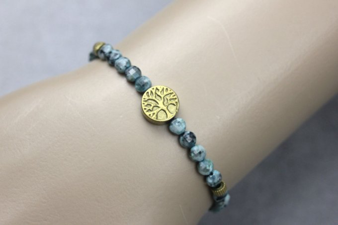 Bracelet jaspe dalmatien turquoise et arbre de vie hématite dorée