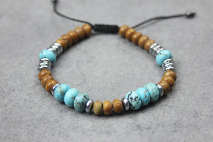 Bracelet perles rondelles turquénite, wood stone et hématite