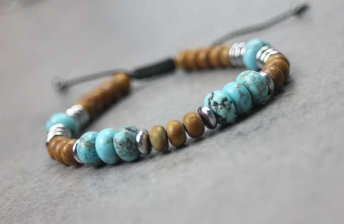 Bracelet perles rondelles turquénite, wood stone et hématite