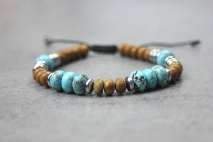 Bracelet perles rondelles turquénite, wood stone et hématite