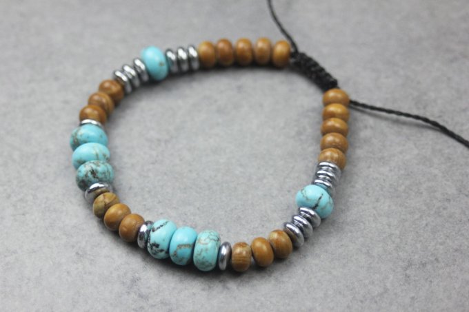Bracelet perles rondelles turquénite, wood stone et hématite