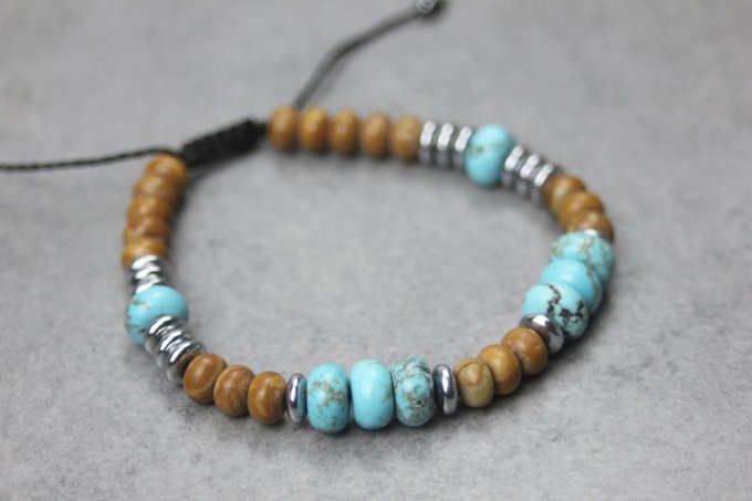 Bracelet perles rondelles turquénite, wood stone et hématite