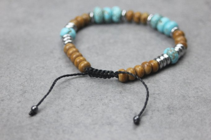Bracelet perles rondelles turquénite, wood stone et hématite