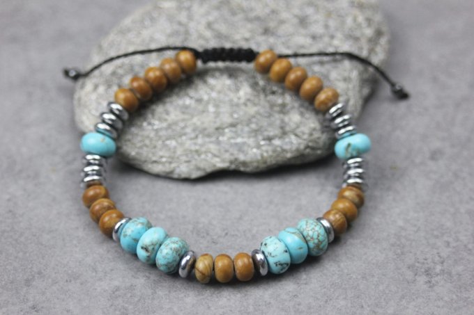 Bracelet perles rondelles turquénite, wood stone et hématite