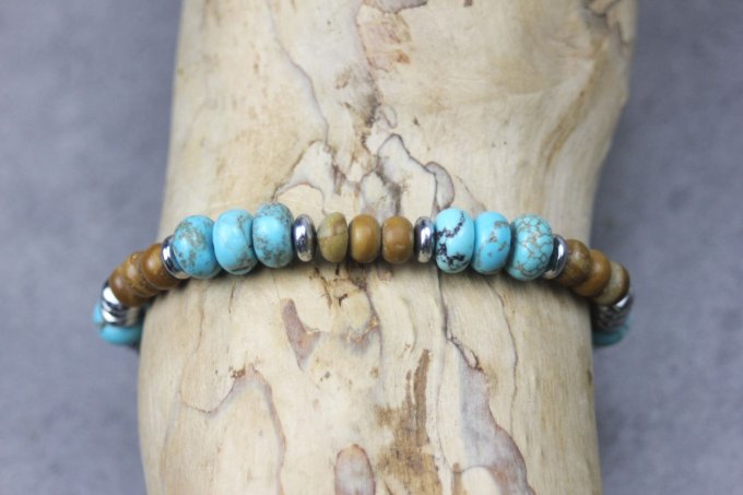 Bracelet perles rondelles turquénite, wood stone et hématite