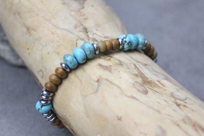 Bracelet perles rondelles turquénite, wood stone et hématite