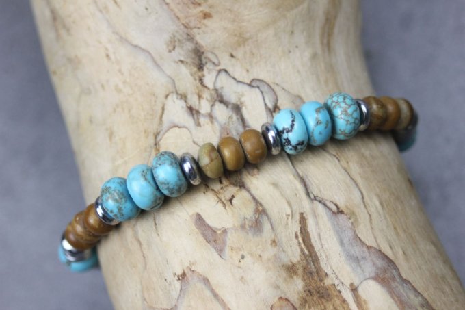 Bracelet perles rondelles turquénite, wood stone et hématite