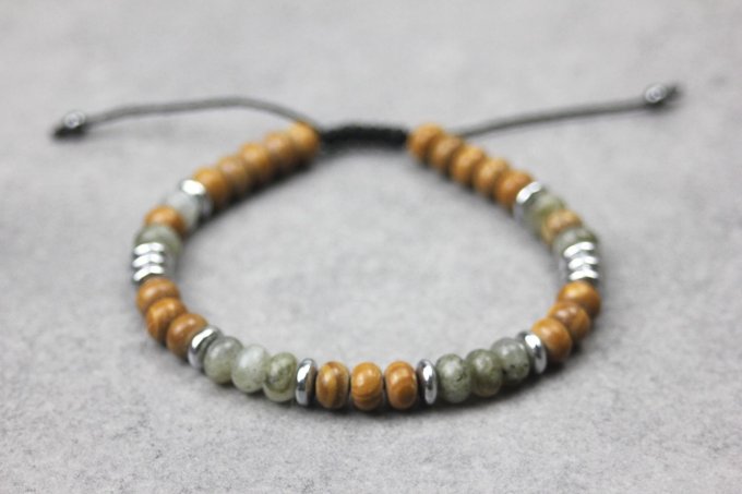 Bracelet perles rondelles labradorite, wood stone et hématite