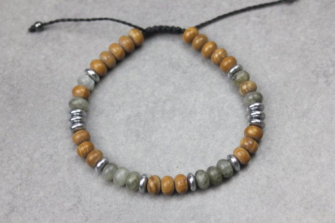 Bracelet perles rondelles labradorite, wood stone et hématite