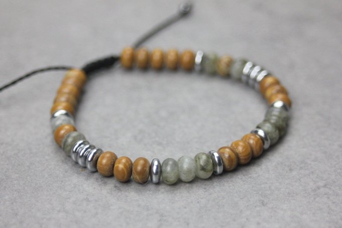 Bracelet perles rondelles labradorite, wood stone et hématite