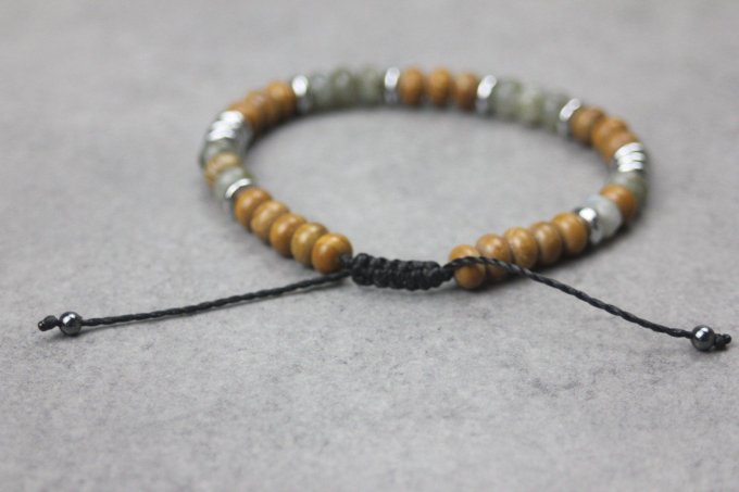 Bracelet perles rondelles labradorite, wood stone et hématite