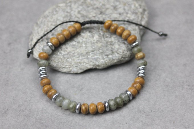 Bracelet perles rondelles labradorite, wood stone et hématite