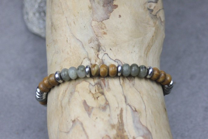 Bracelet perles rondelles labradorite, wood stone et hématite