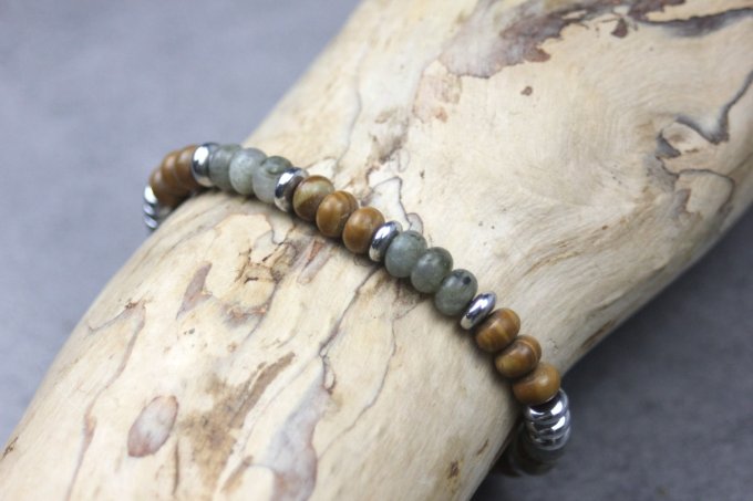 Bracelet perles rondelles labradorite, wood stone et hématite