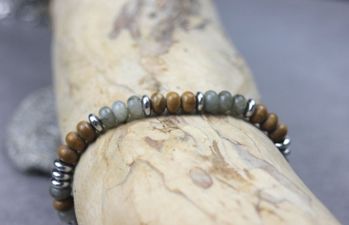 Bracelet perles rondelles labradorite, wood stone et hématite