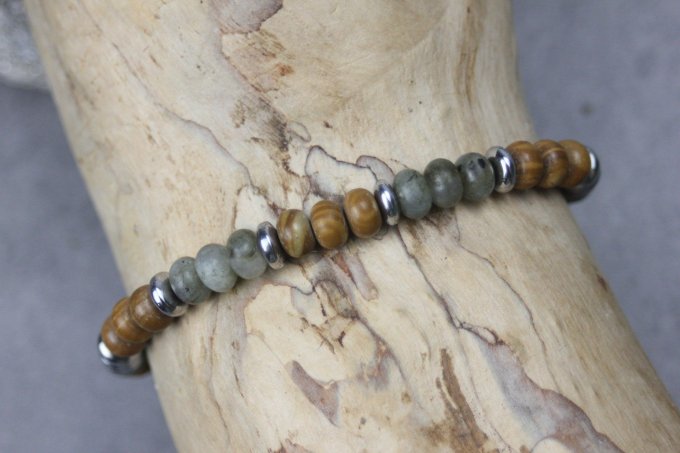 Bracelet perles rondelles labradorite, wood stone et hématite
