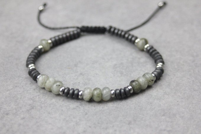 Bracelet perles rondelles labradorite, hématite mat et acier