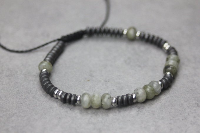 Bracelet perles rondelles labradorite, hématite mat et acier