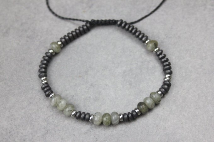 Bracelet perles rondelles labradorite, hématite mat et acier