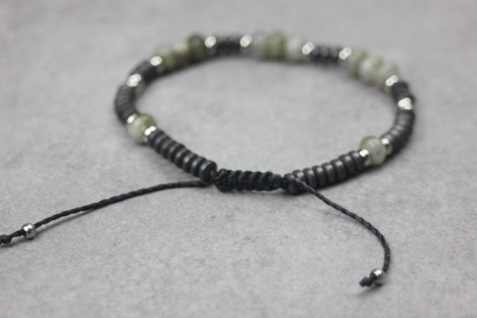 Bracelet perles rondelles labradorite, hématite mat et acier