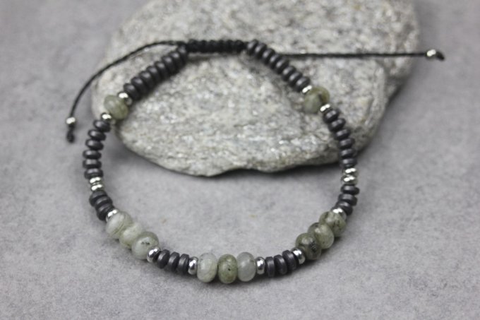Bracelet perles rondelles labradorite, hématite mat et acier
