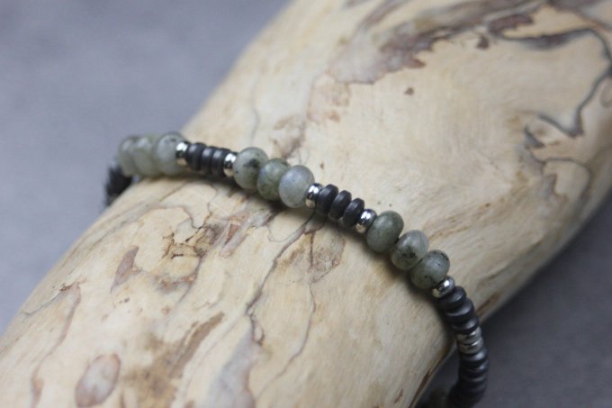 Bracelet perles rondelles labradorite, hématite mat et acier