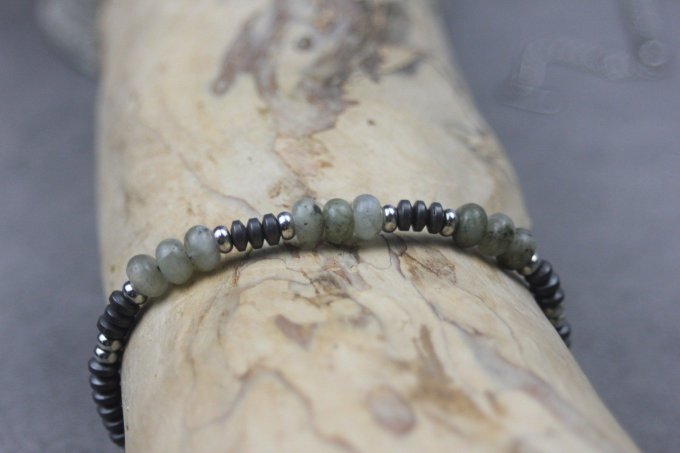 Bracelet perles rondelles labradorite, hématite mat et acier