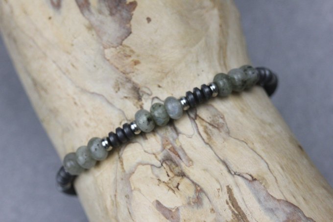 Bracelet perles rondelles labradorite, hématite mat et acier