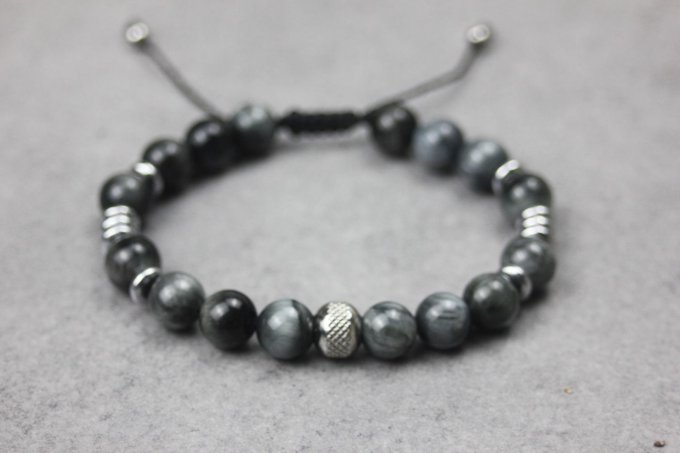 Bracelet perles oeil d'aigle, hématite argentée et acier inoxydable