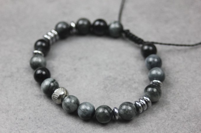 Bracelet perles oeil d'aigle, hématite argentée et acier inoxydable