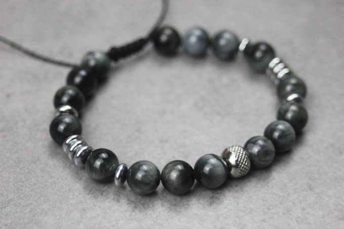 Bracelet perles oeil d'aigle, hématite argentée et acier inoxydable