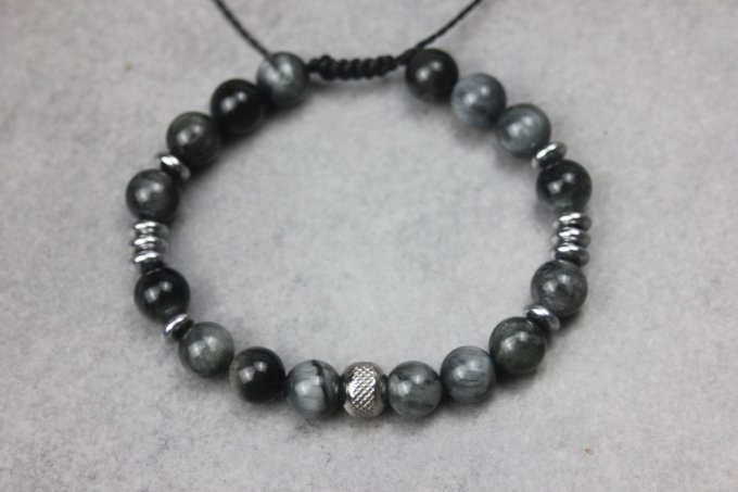 Bracelet perles oeil d'aigle, hématite argentée et acier inoxydable