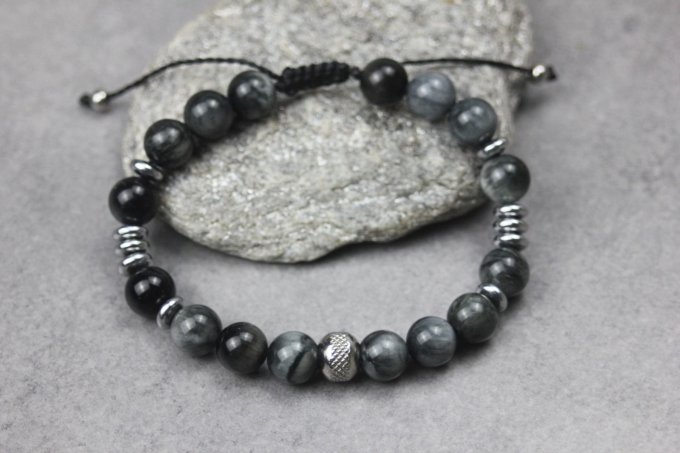 Bracelet perles oeil d'aigle, hématite argentée et acier inoxydable