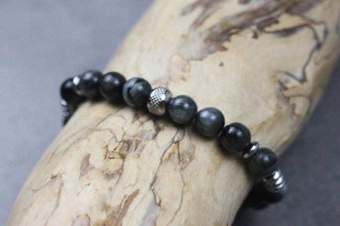 Bracelet perles oeil d'aigle, hématite argentée et acier inoxydable