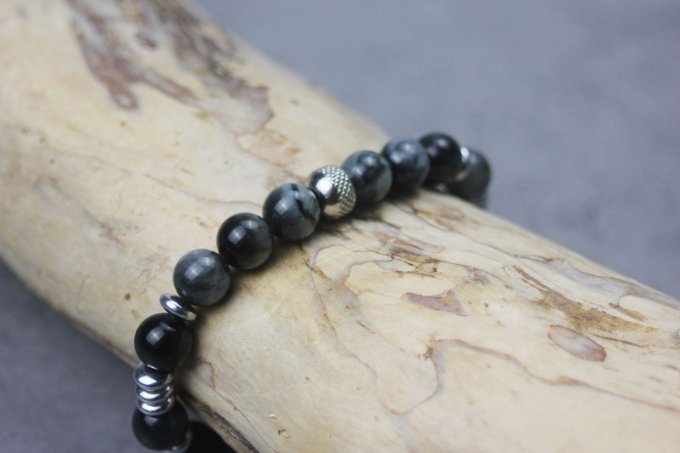 Bracelet perles oeil d'aigle, hématite argentée et acier inoxydable