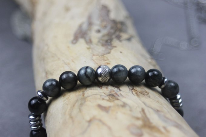 Bracelet perles oeil d'aigle, hématite argentée et acier inoxydable
