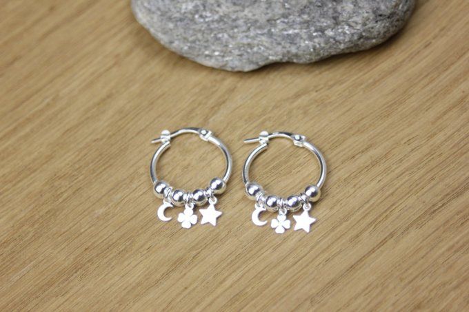 Boucles d'oreilles créoles argent massif pendentif étoile, trèfle et lune