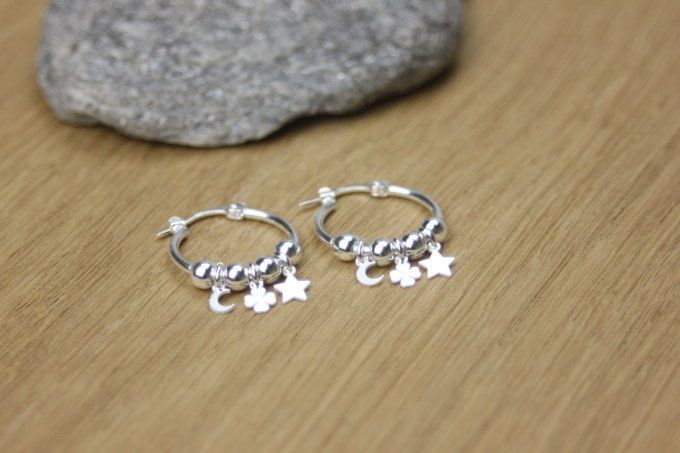 Boucles d'oreilles créoles argent massif pendentif étoile, trèfle et lune