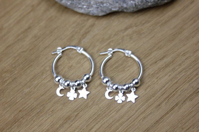Boucles d'oreilles créoles argent massif pendentif étoile, trèfle et lune