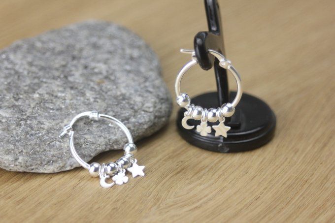 Boucles d'oreilles créoles argent massif pendentif étoile, trèfle et lune